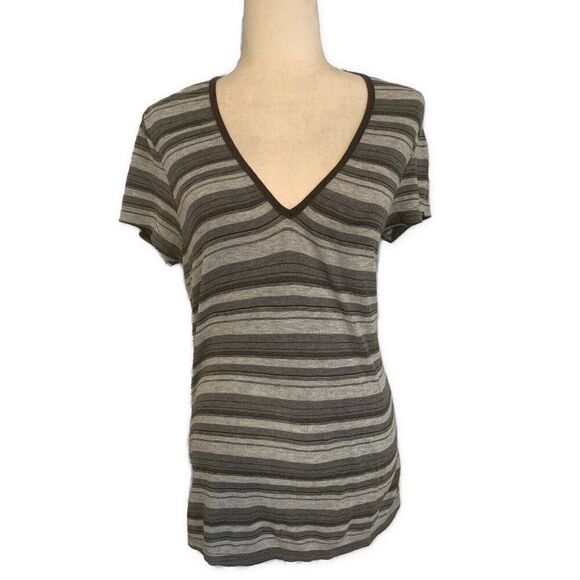 Double Fault USA Vintage Gray Black Striped V Neck Knit T Shirt Top Medium - Picture 1 of 3